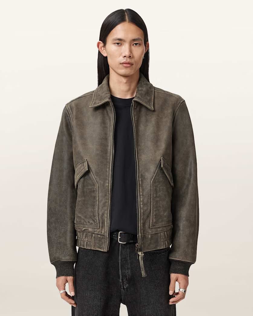 Allsaints Marland Aviator Leather Jacket Black/Beige