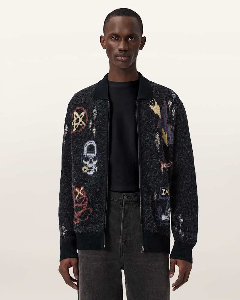 Allsaints Meller Zip Up Jacquard Cardigan Black