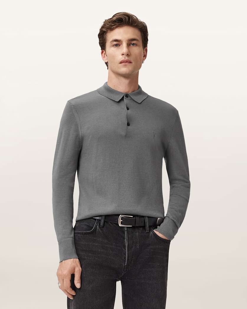 Allsaints Mode Merino Long Sleeve Polo Shirt Asher Grey