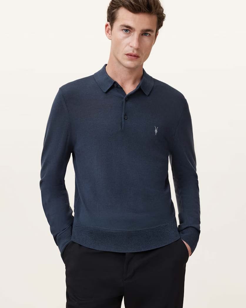 Allsaints Mode Merino Long Sleeve Ramskull Polo Shirt Navy Blue