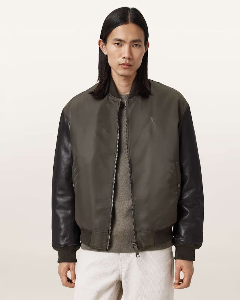 Allsaints Myler Ramskull Leather Bomber Jacket Khaki