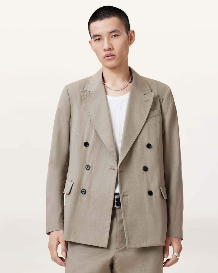 Allsaints Newton Double Breasted Relaxed Blazer Stone Grey