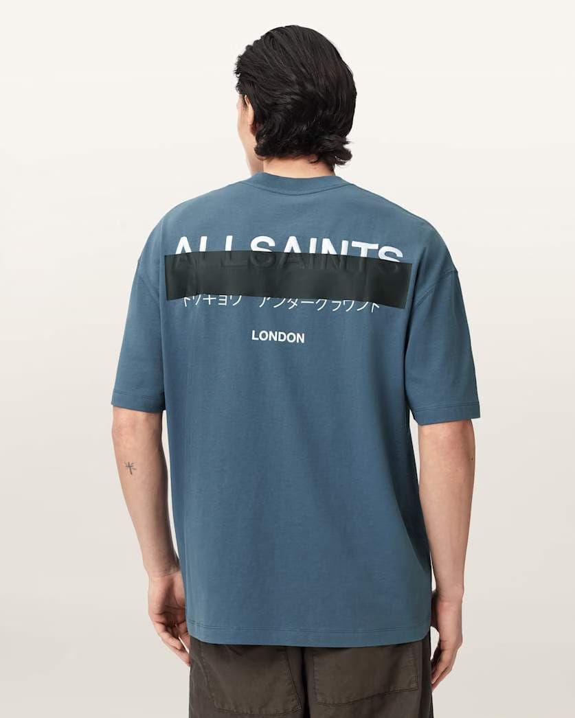 Allsaints Redact Oversized Embroidered Logo T-Shirt Waved Blue