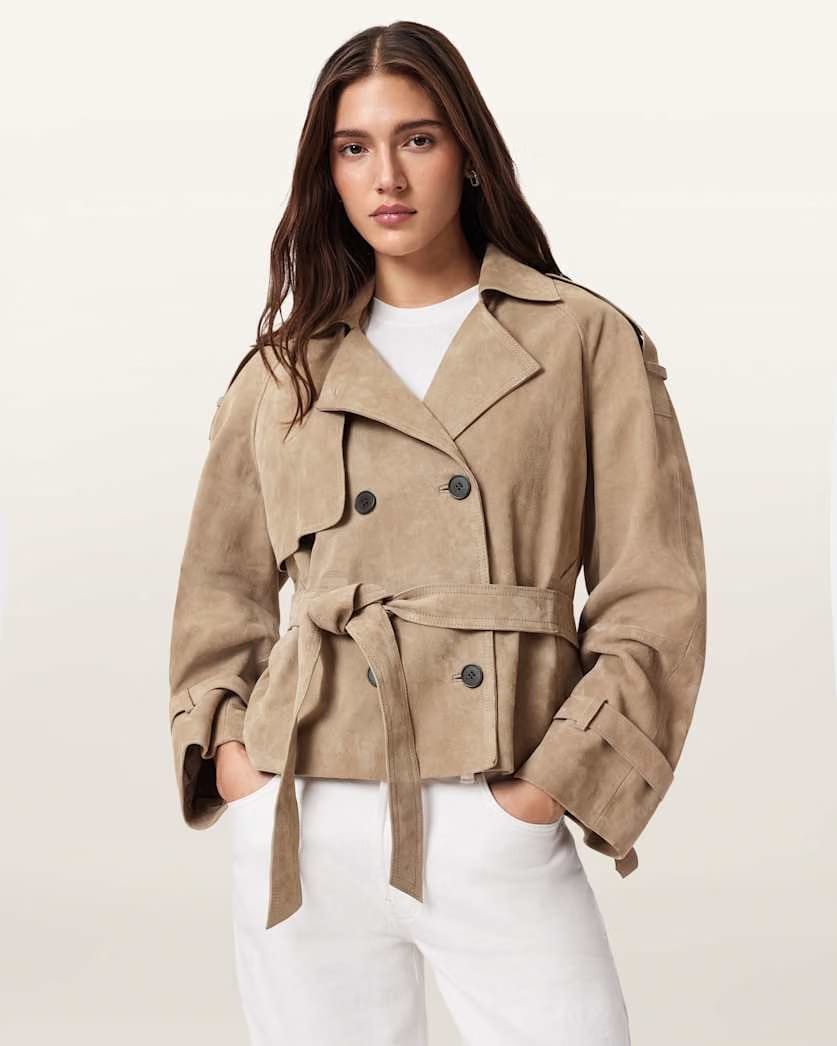 Allsaints Reed Cropped Suede Trench Coat Women's Taupe Brown Women's