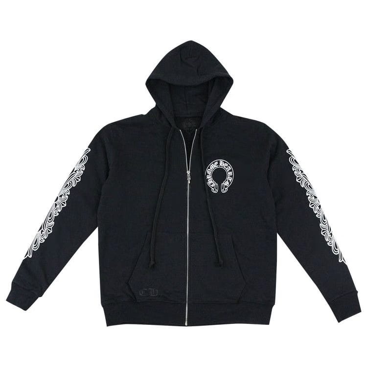Chrome Hearts Horseshoe Floral Cross-Sleeve Zip Up Hoodie Black/White