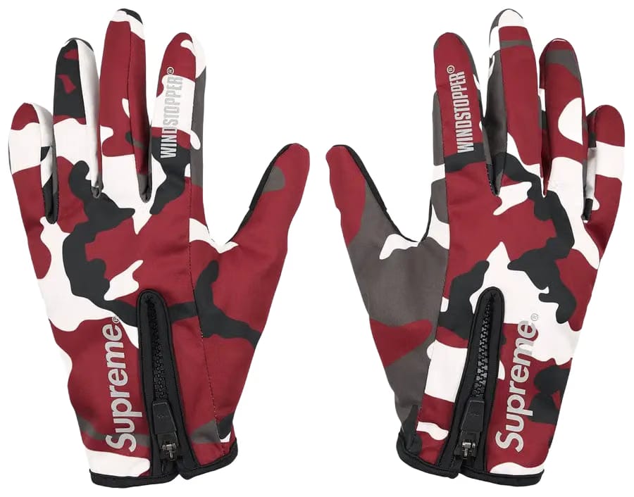Supreme Windstopper Zip Gloves 'Red Camo' FW26