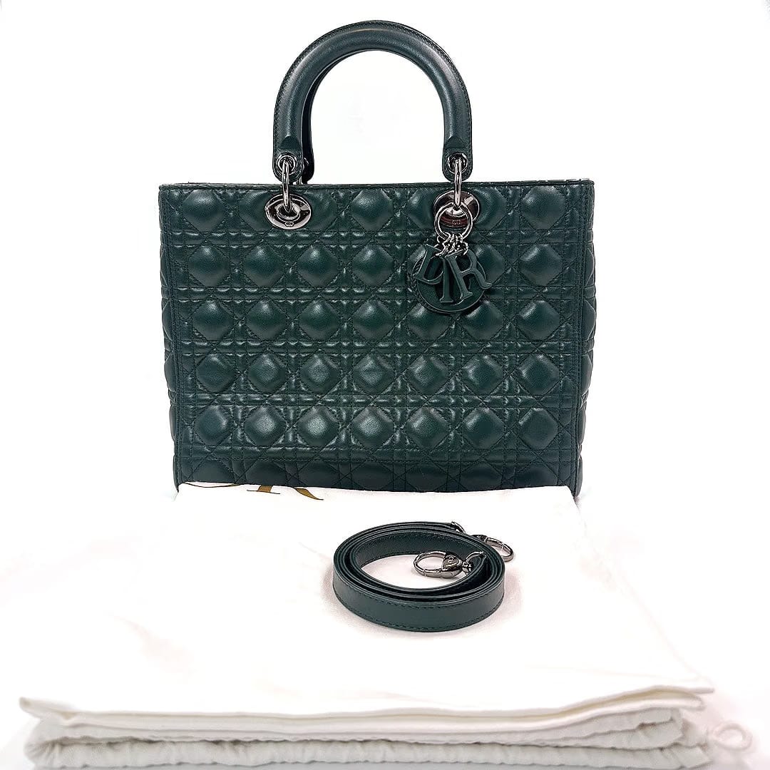 Dior Green Cannage Leather Large Lady Dior Tote Bag