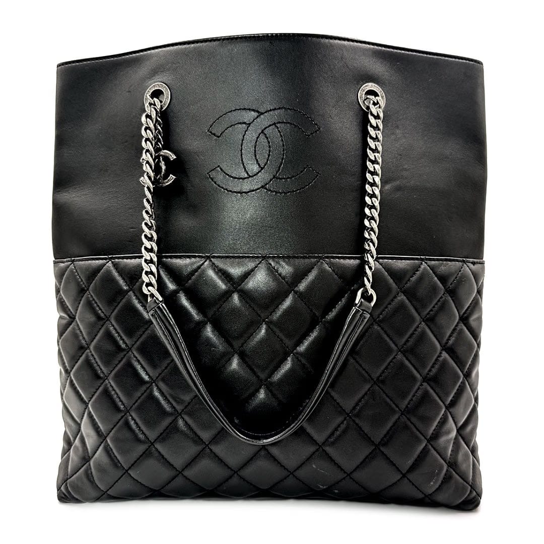 Chanel Quilted CC Timeless Tote Bag in Black & Beige Leather