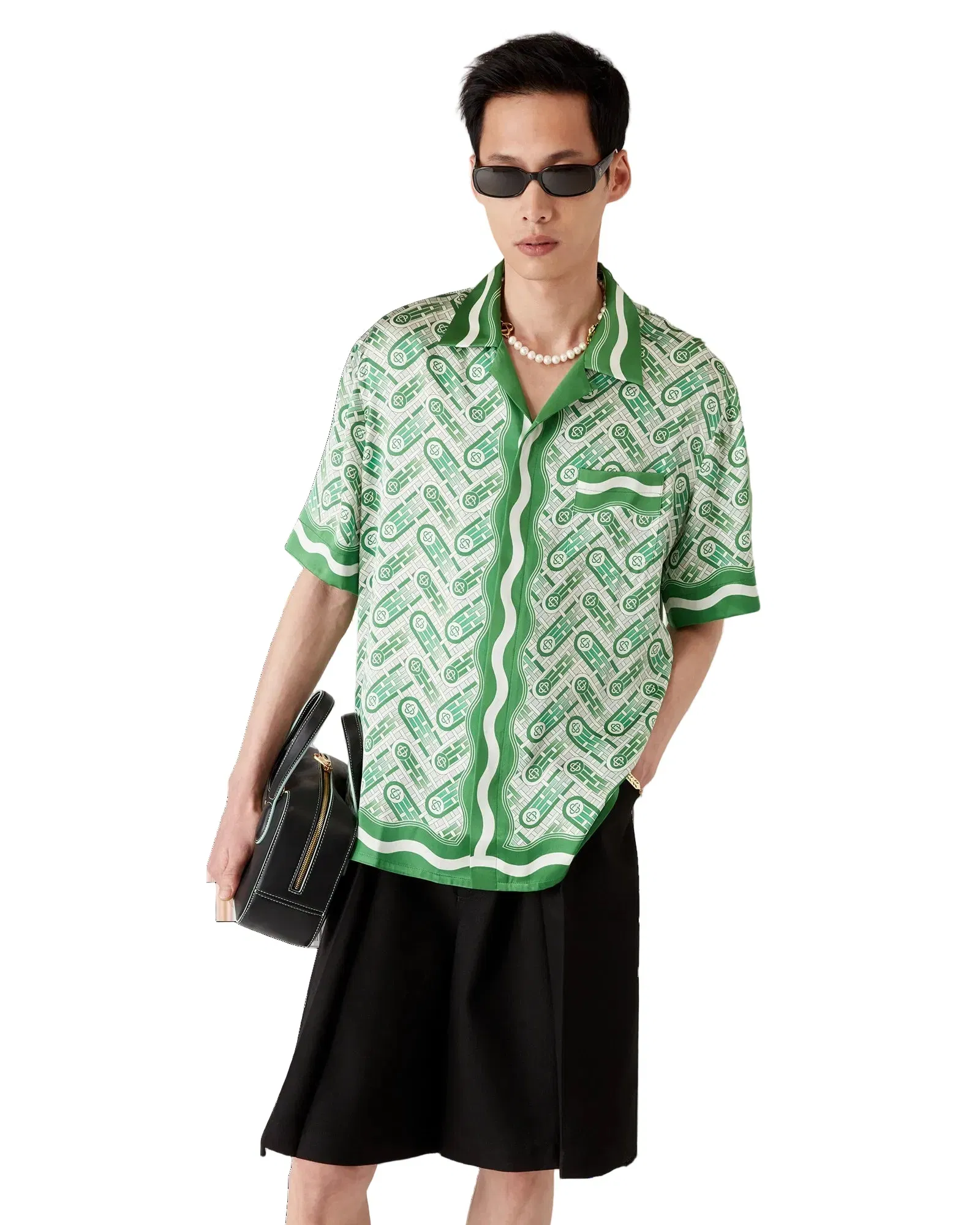 Casablanca Cuban Collar Short Sleeve Shirt 'Green Ping Pong Monogram'