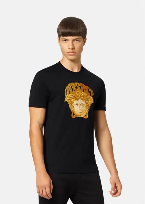 Versace T-Shirt Tessuto Jersey Cotone Con Ricamo Medusa E Scritta