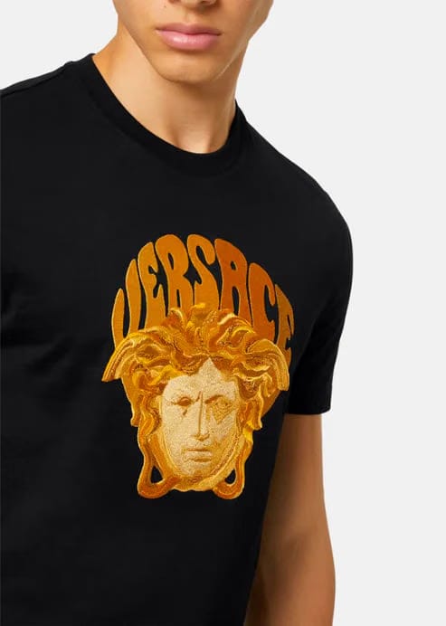 Versace T-Shirt Tessuto Jersey Cotone Con Ricamo Medusa E Scritta