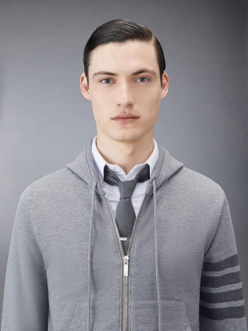 Thom Browne Medium Grey Cotton Loopback Relaxed Fit Tonal 4-Bar Zip-Up Hoodie