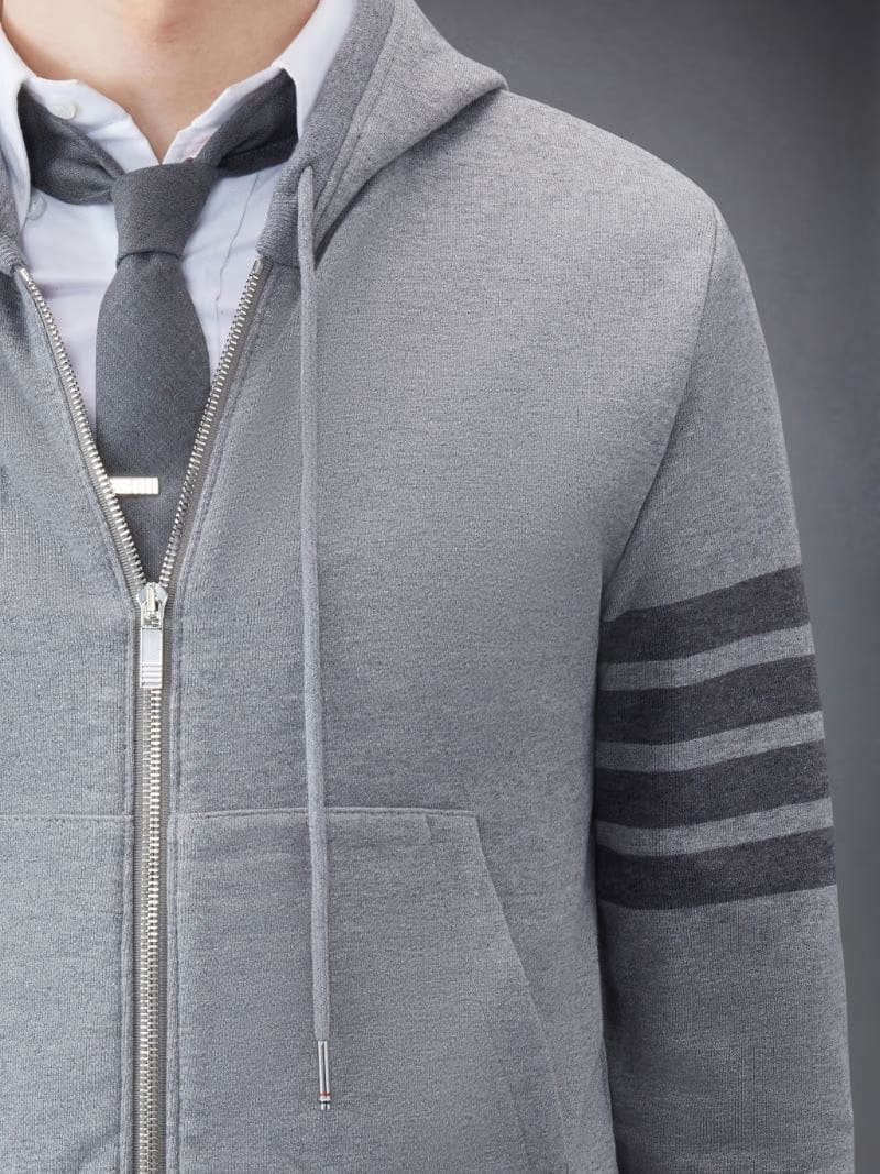 Thom Browne Medium Grey Cotton Loopback Relaxed Fit Tonal 4-Bar Zip-Up Hoodie