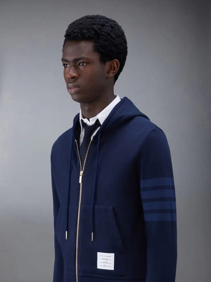Thom Browne Navy Cotton Loopback Relaxed Fit Tonal 4-Bar Zip-Up Hoodie
