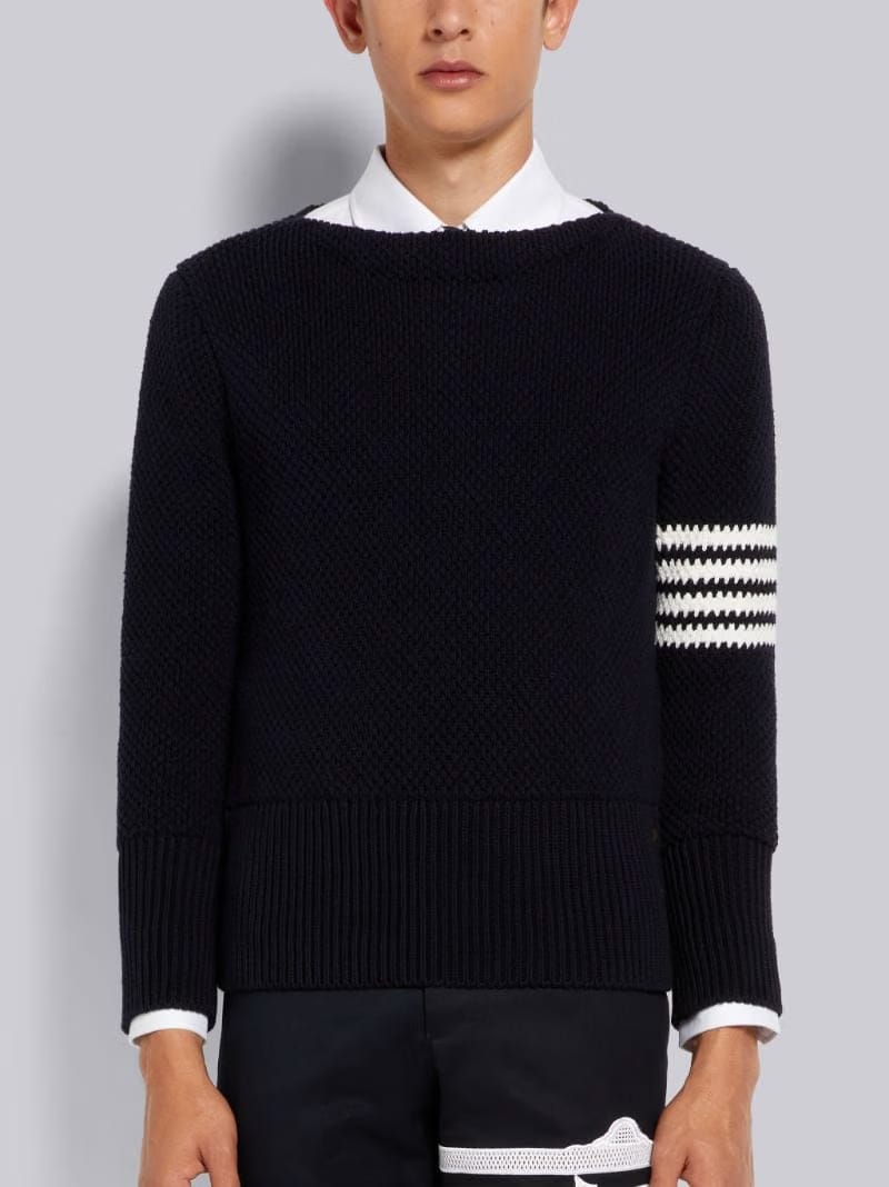 Thom Browne Navy Seed Stitch Cotton 4-Bar Boat Neck Pullover