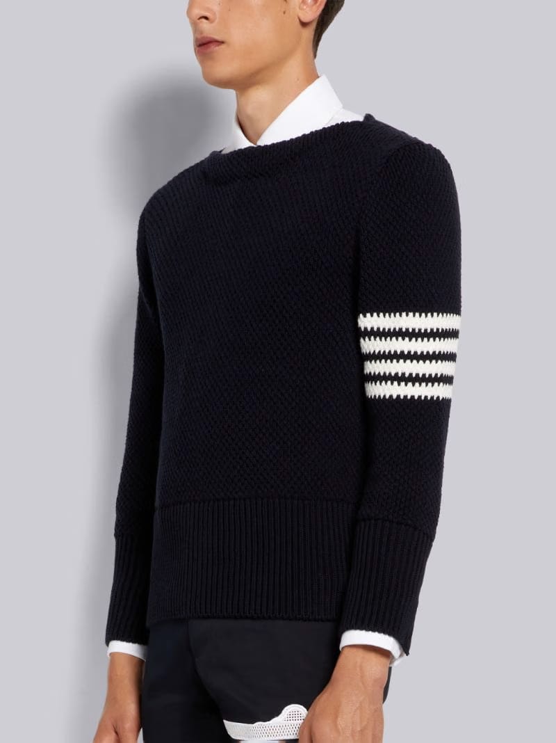 Thom Browne Navy Seed Stitch Cotton 4-Bar Boat Neck Pullover