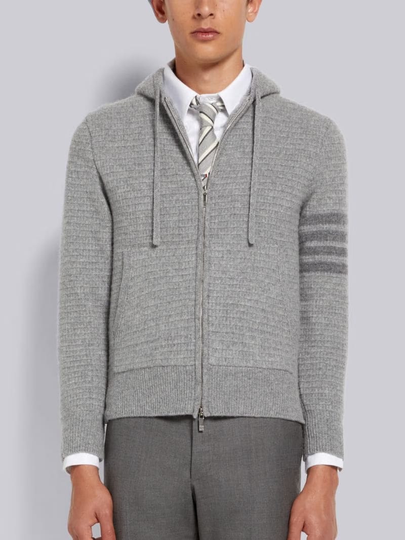 Thom Browne Light Grey Overwashed Cashmere 4-Bar Zip Up Hoodie