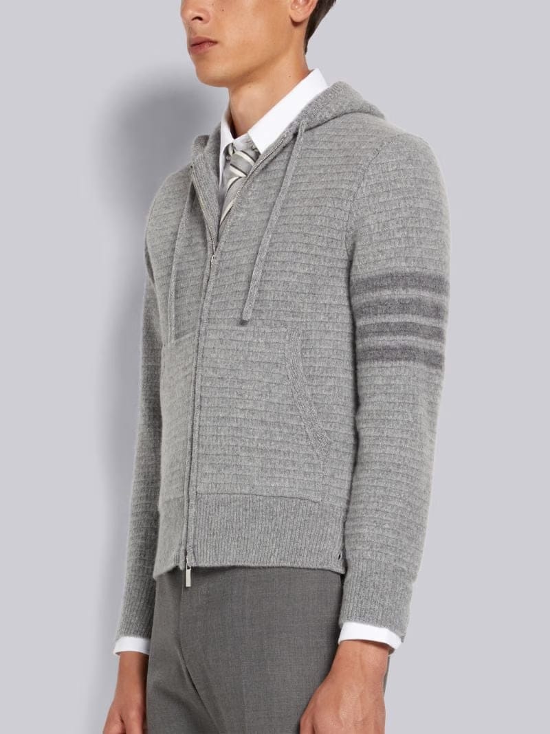 Thom Browne Light Grey Overwashed Cashmere 4-Bar Zip Up Hoodie