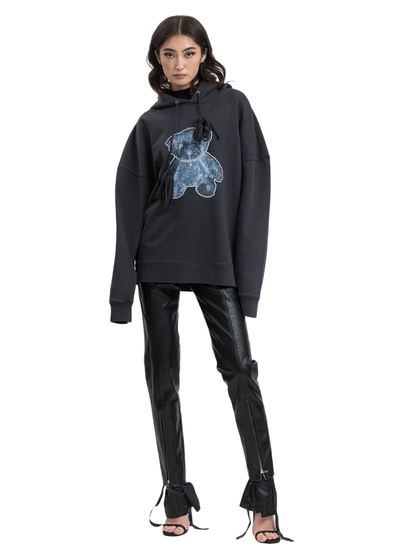 We11done Pearl Necklace Teddy Hoodie Charcoal