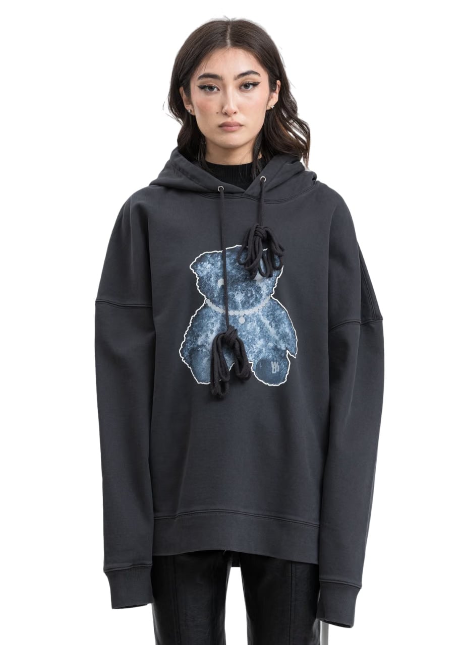 We11done Pearl Necklace Teddy Hoodie Charcoal