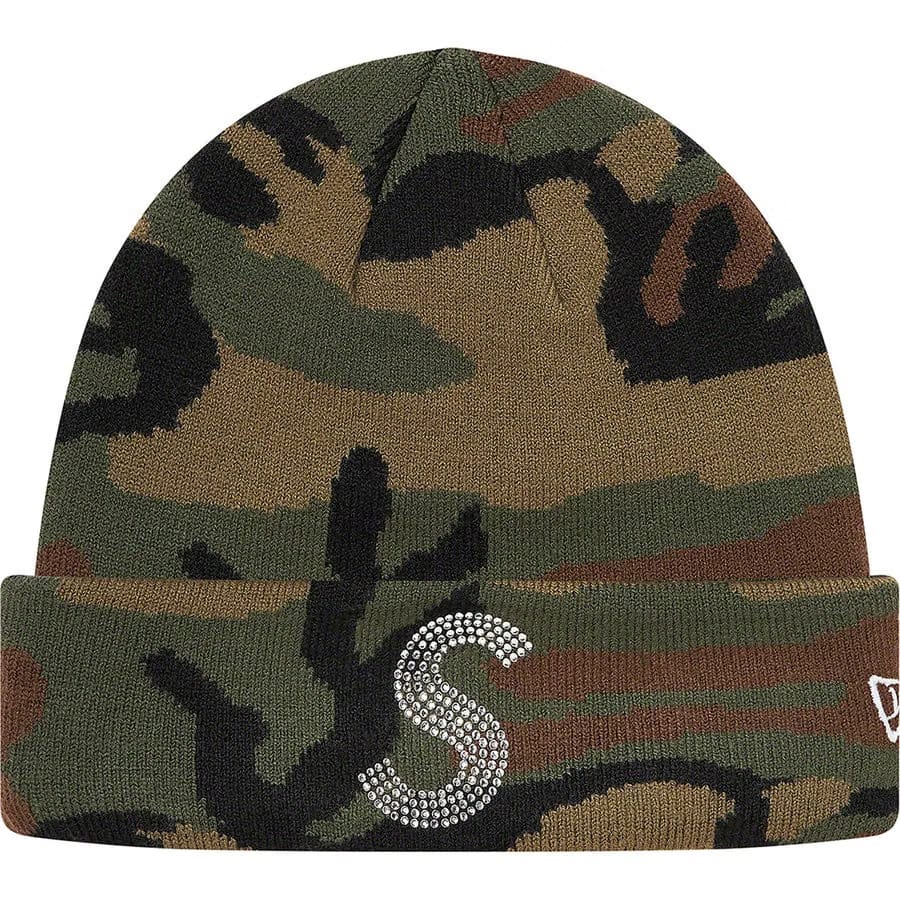 Supreme x New Era x Swarovski S Logo Beanie Woodland Camo