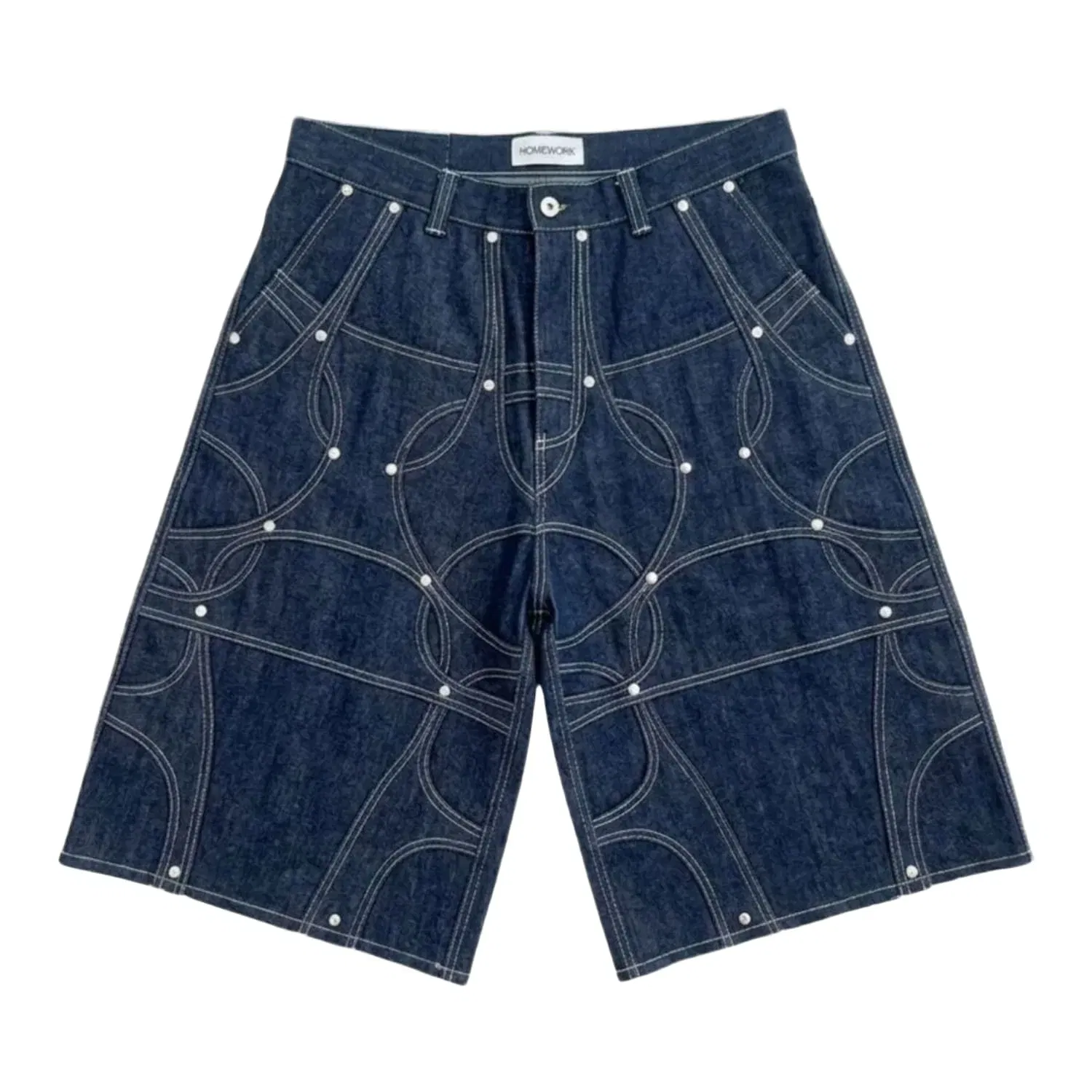 HOMEWORK-ABC HOMEWORK Raw Denim Abstract Shorts Blue