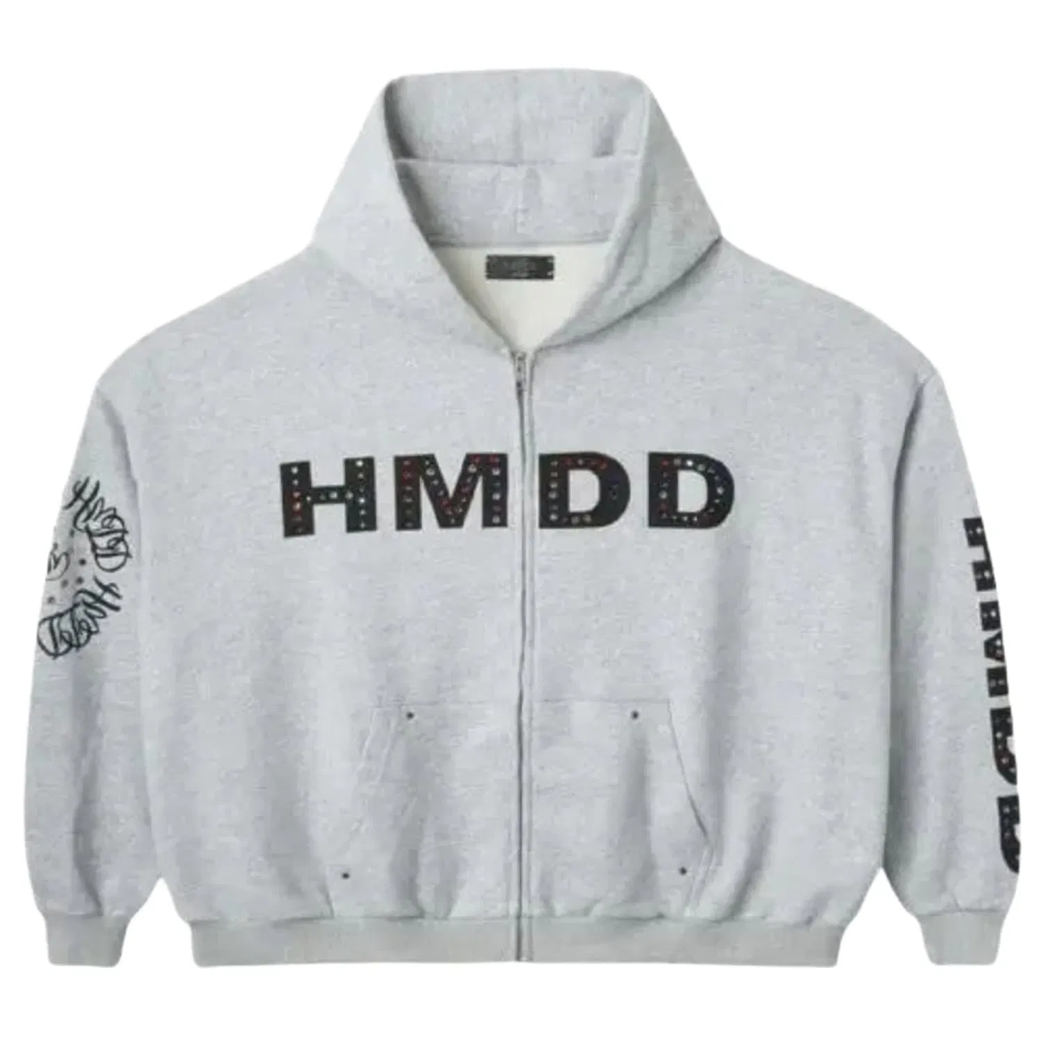 Happy Memories Don't Die HMDD Crystal Studded Zip Up Hoodie Grey