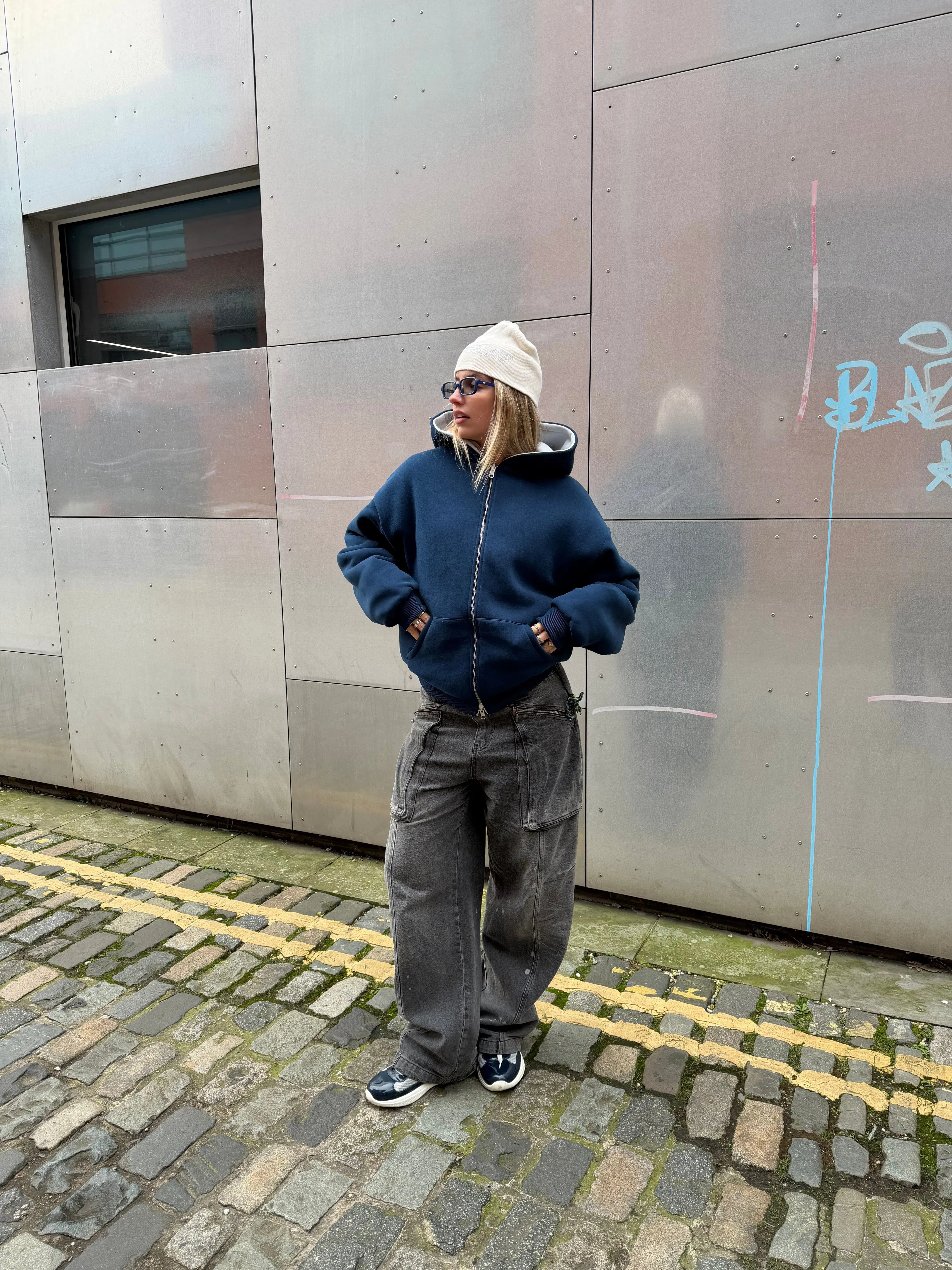 KAIZEN MARKET NAVY/STONE REVERSIBLE ZIP HOODIE
