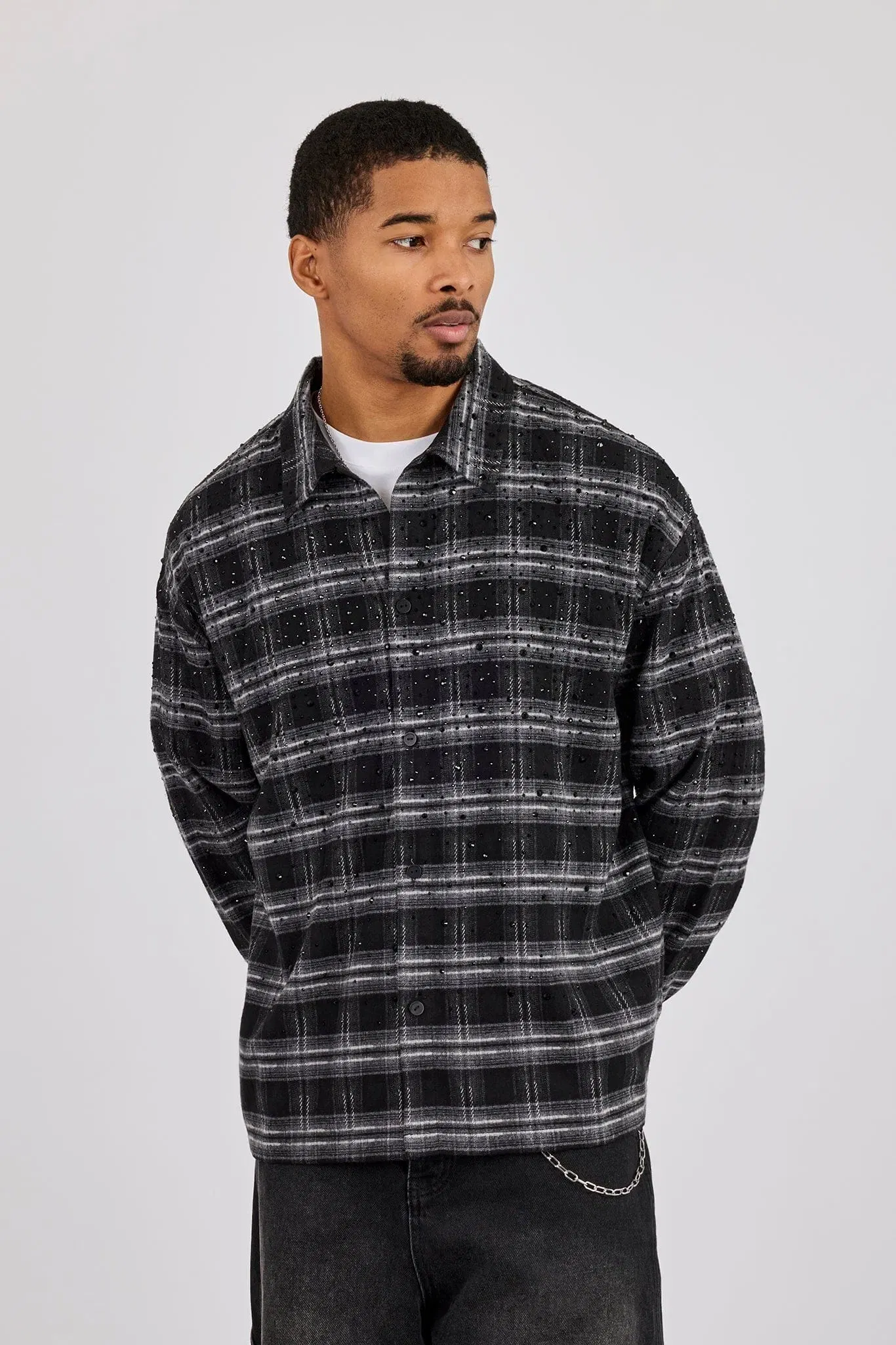 Cernucci Rhinestone Check Shirt - Black