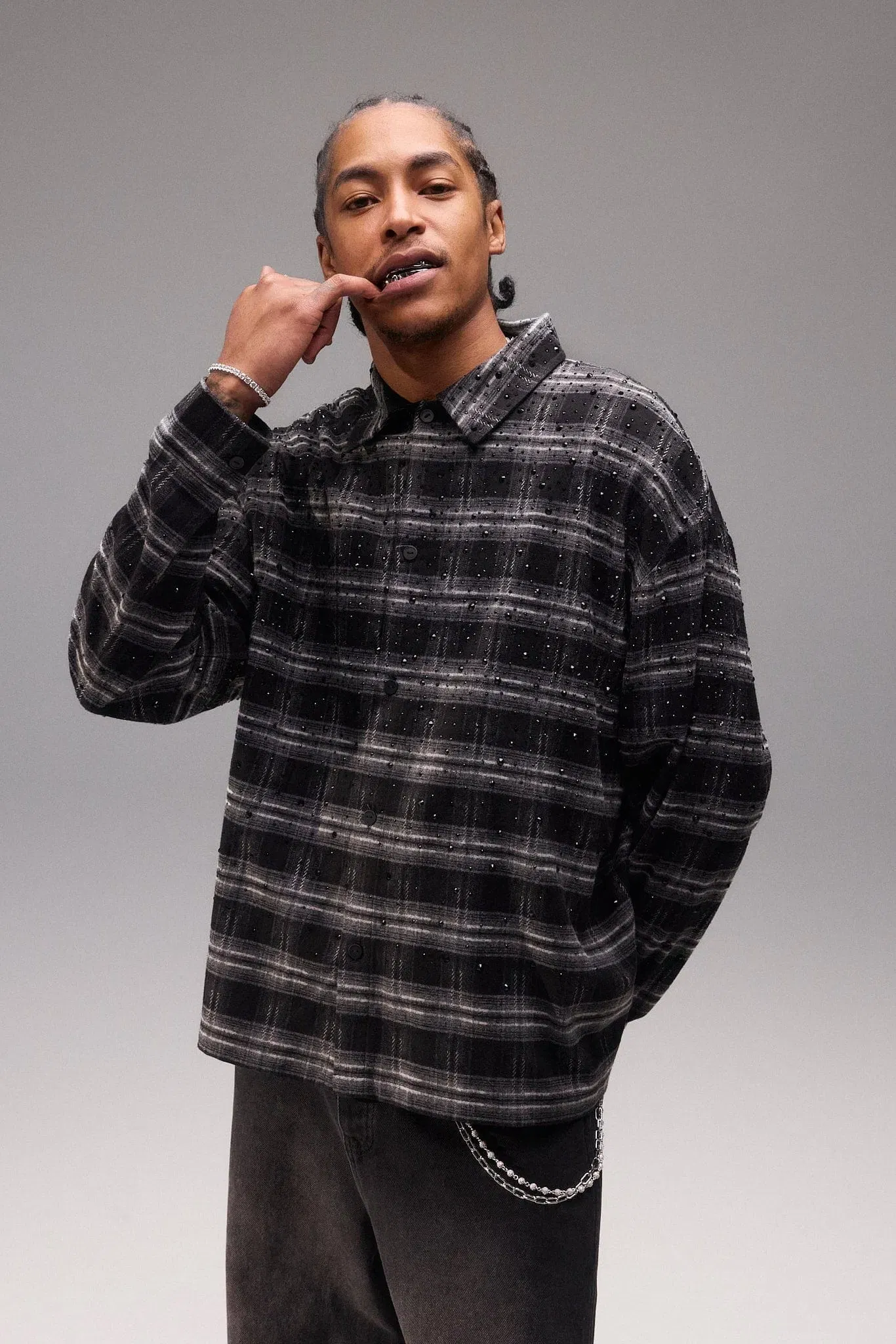 Cernucci Rhinestone Check Shirt - Black