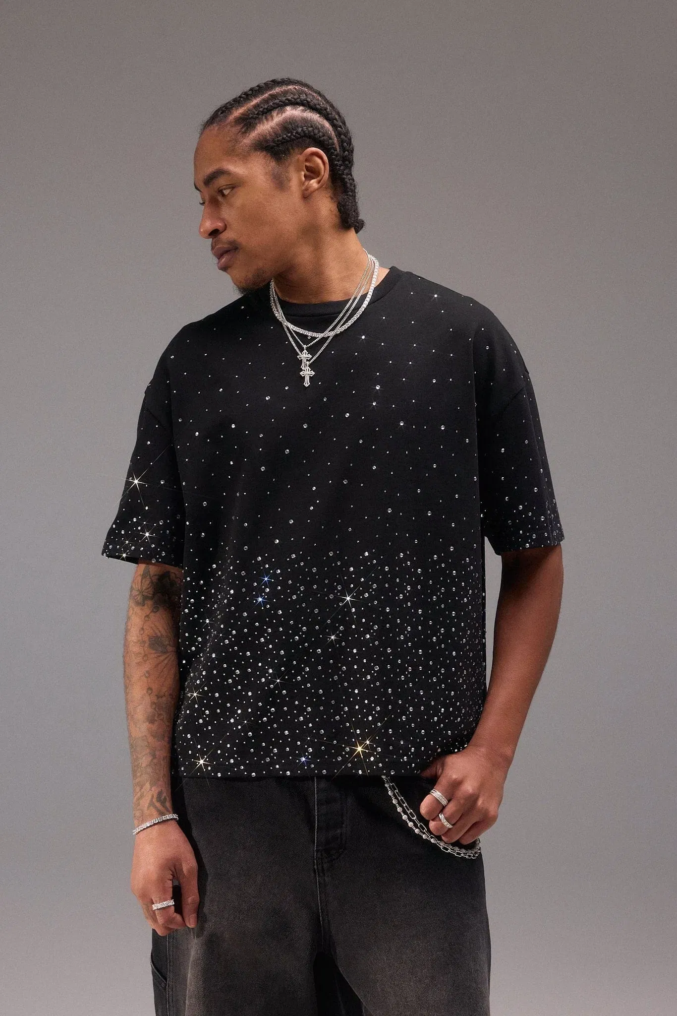 Cernucci Boxy Rhinestone T-Shirt - Black