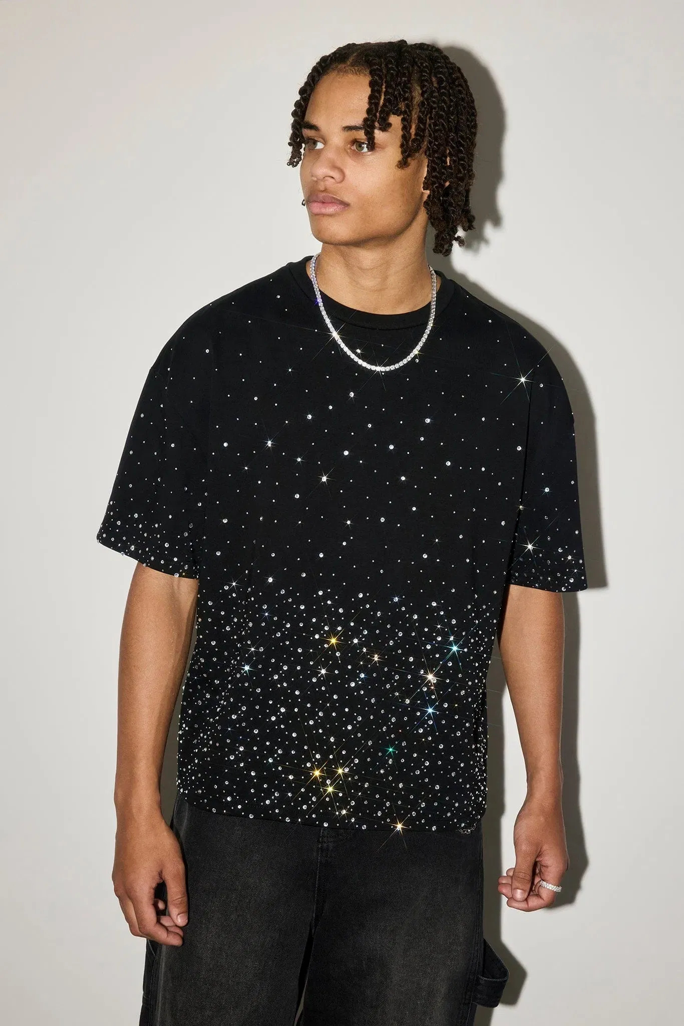 Cernucci Boxy Rhinestone T-Shirt - Black
