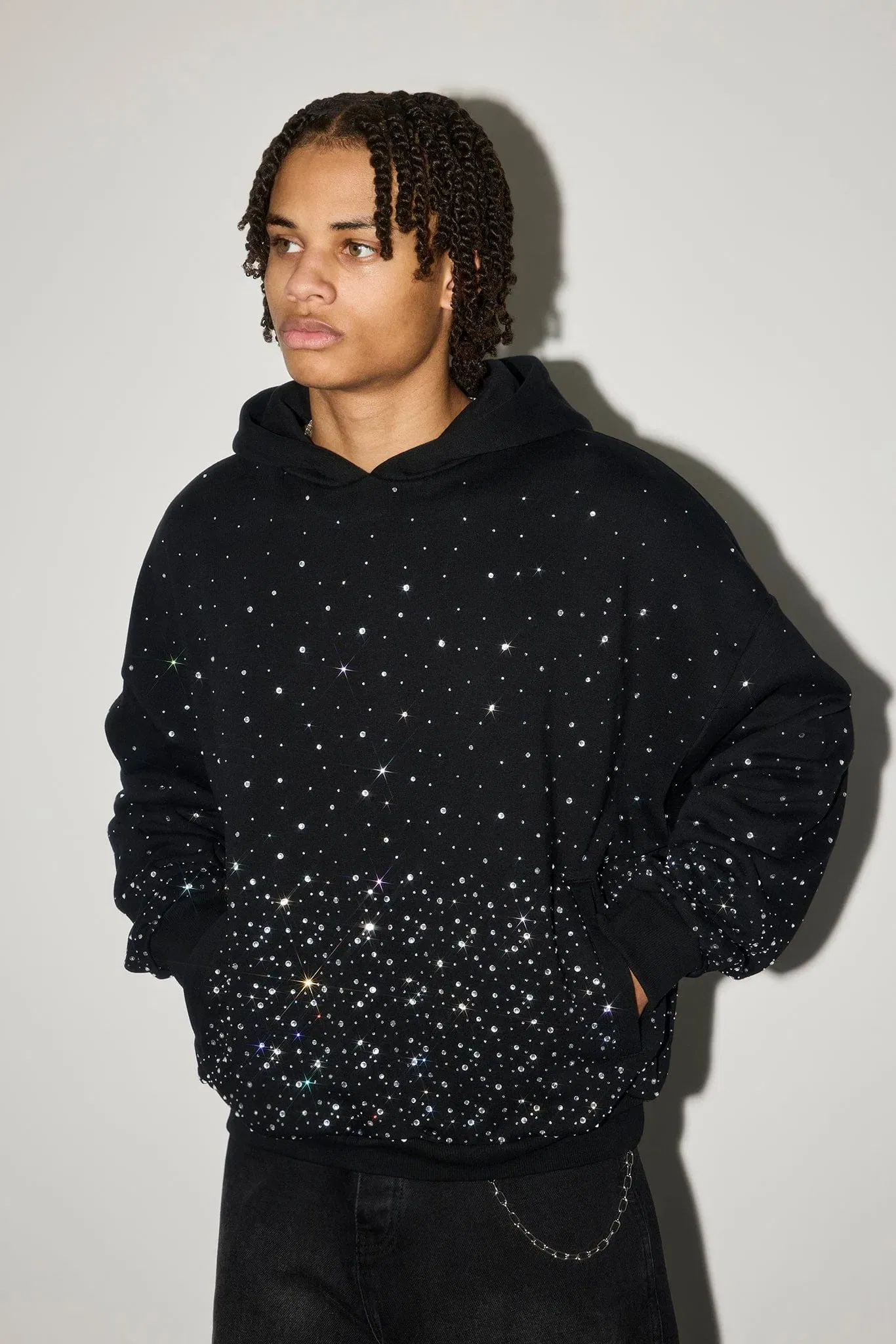 Cernucci Mens Boxy Rhinestone Hoodie - Black