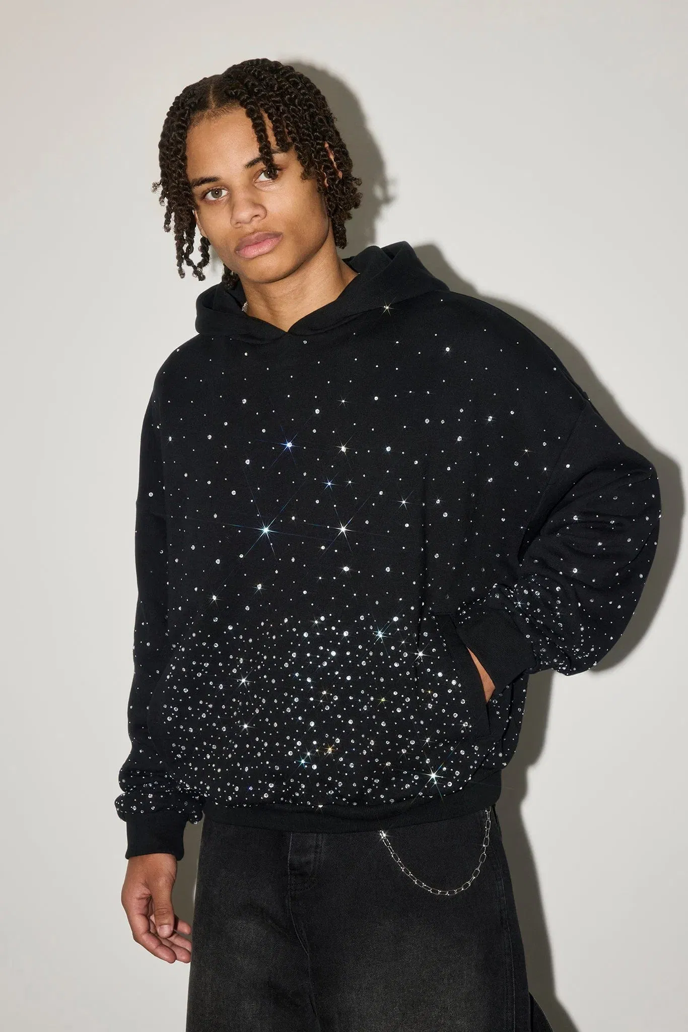 Cernucci Mens Boxy Rhinestone Hoodie - Black