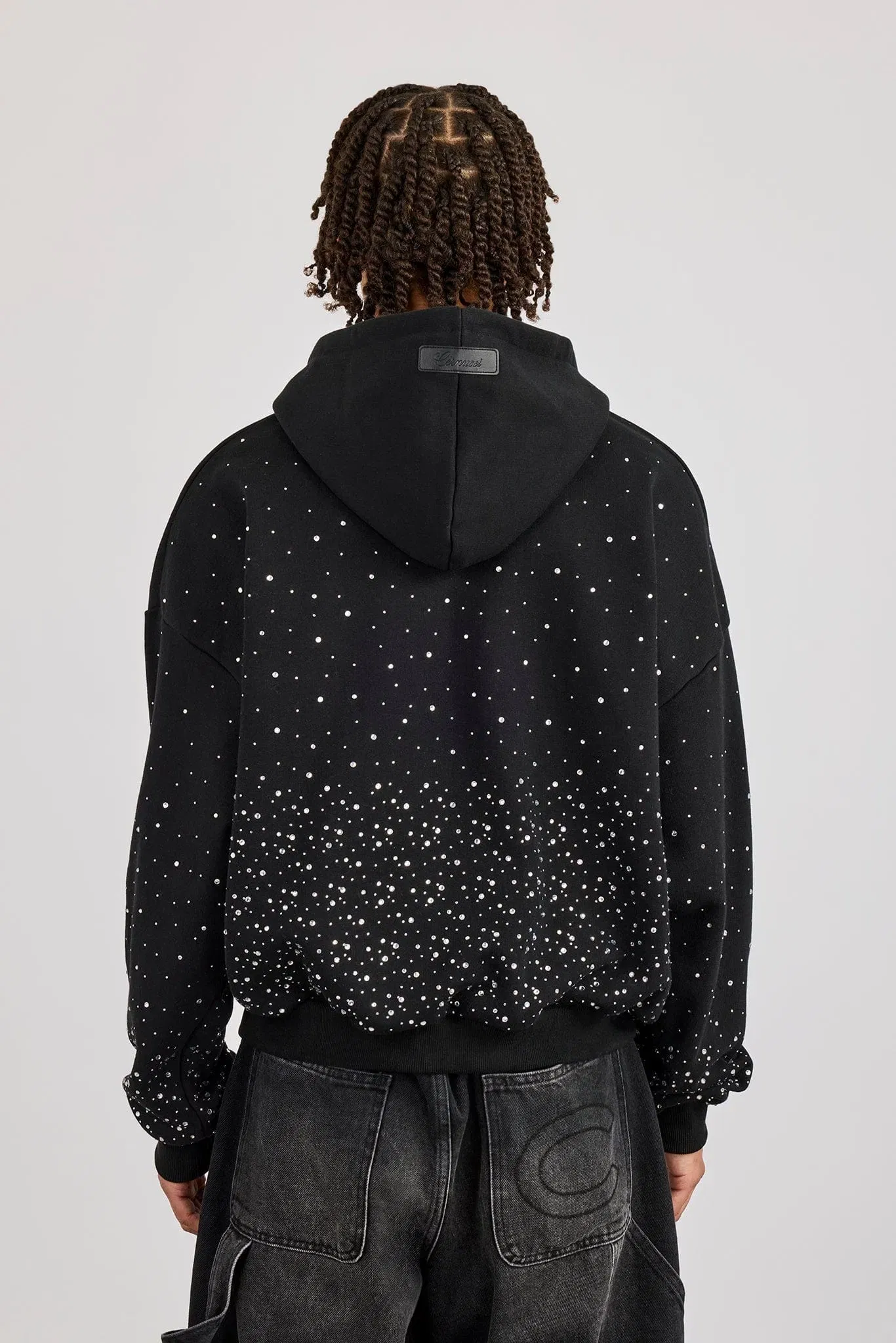Cernucci Mens Boxy Rhinestone Hoodie - Black