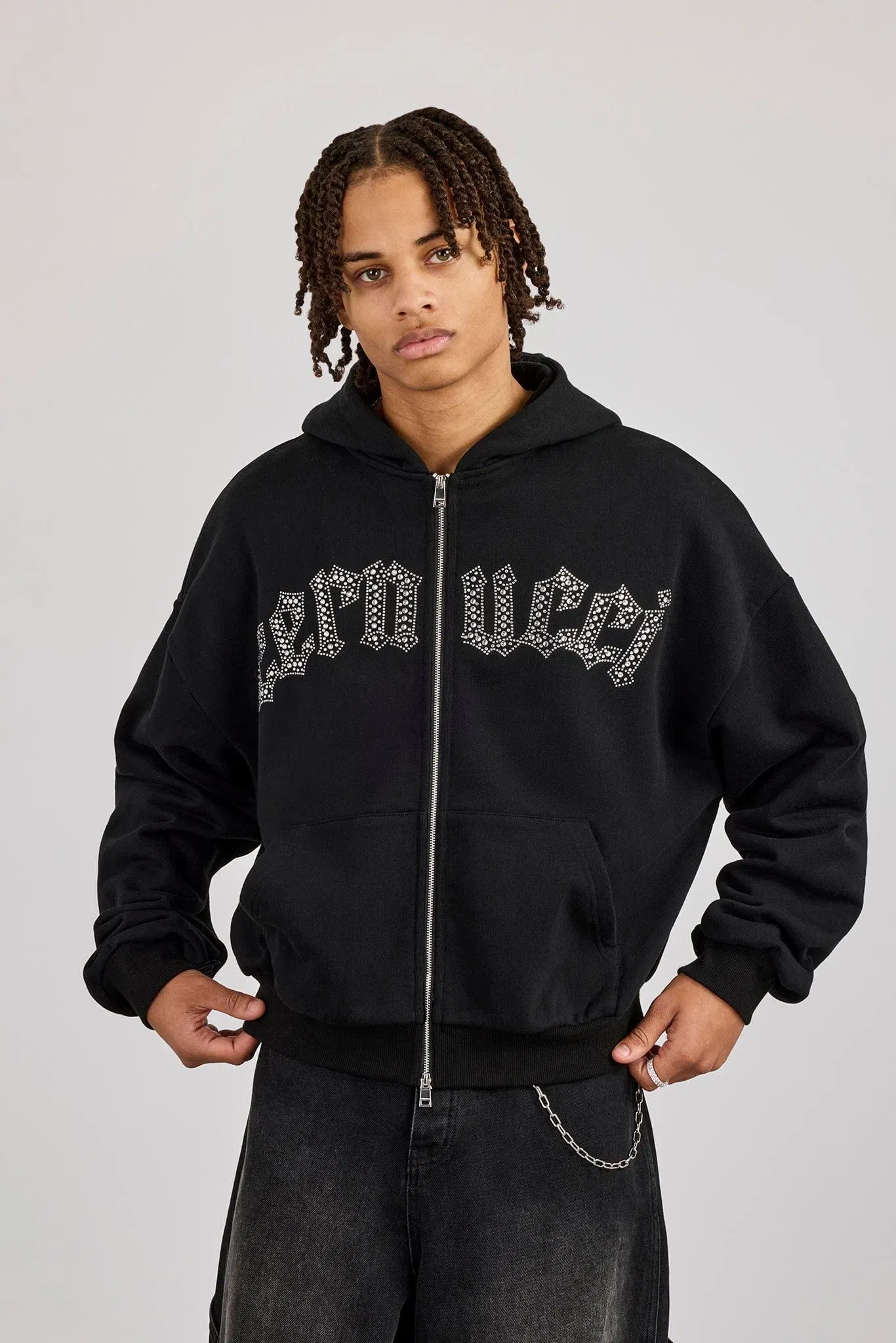 Cernucci Rhinestone Logo Zip Hoodie - Black