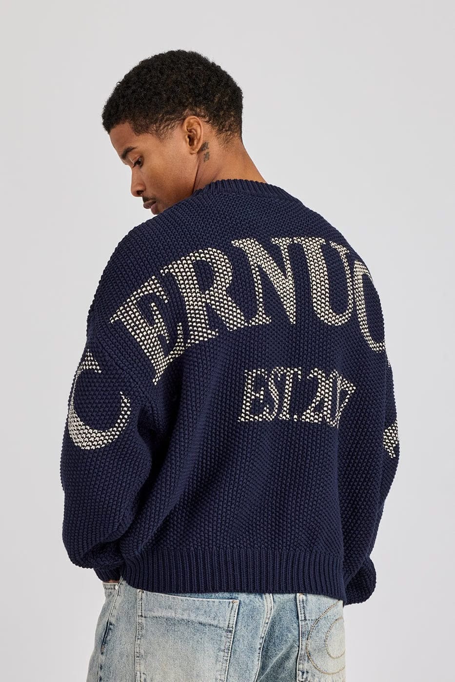 Cernucci Textured Knit Printed Sweatshirt - Navy Blue