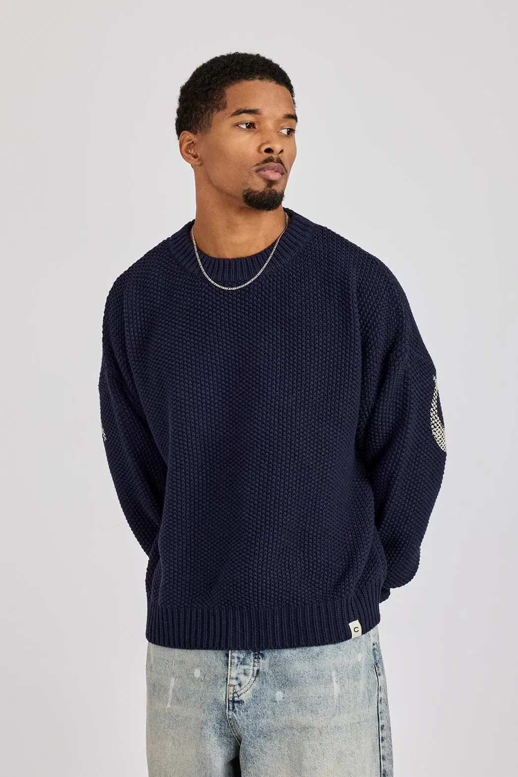 Cernucci Textured Knit Printed Sweatshirt - Navy Blue