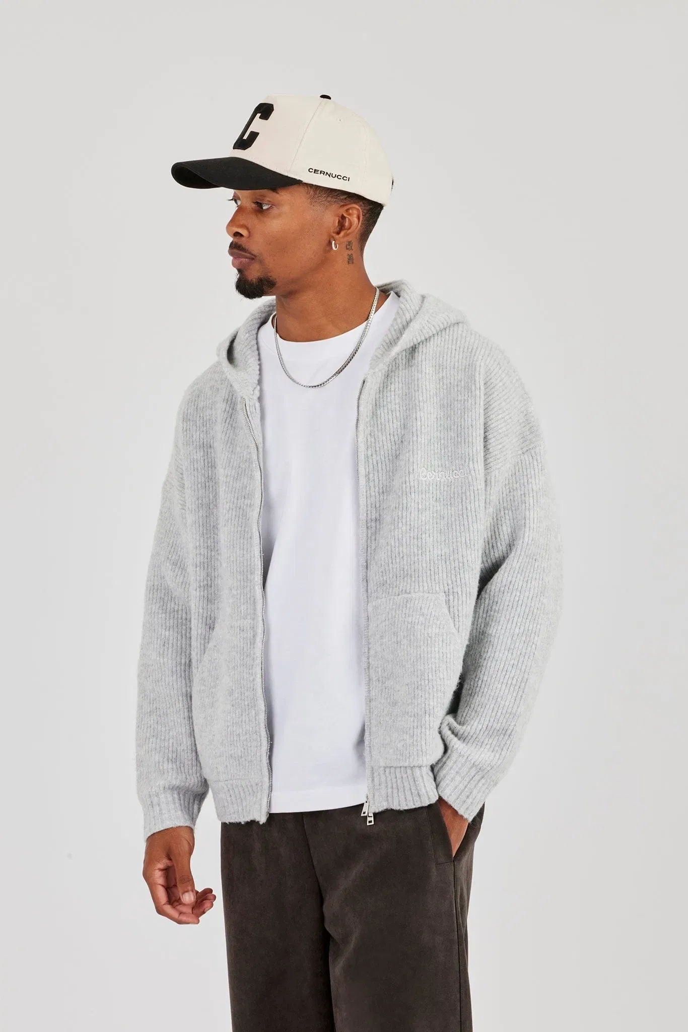 Cernucci Embroidered Knitted Zip Hoodie - Light Grey