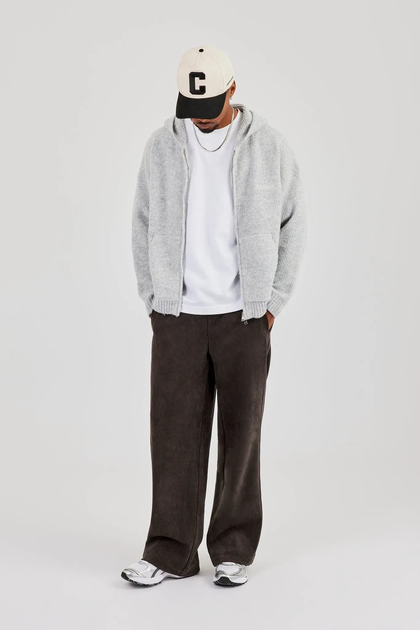 Cernucci Embroidered Knitted Zip Hoodie - Light Grey