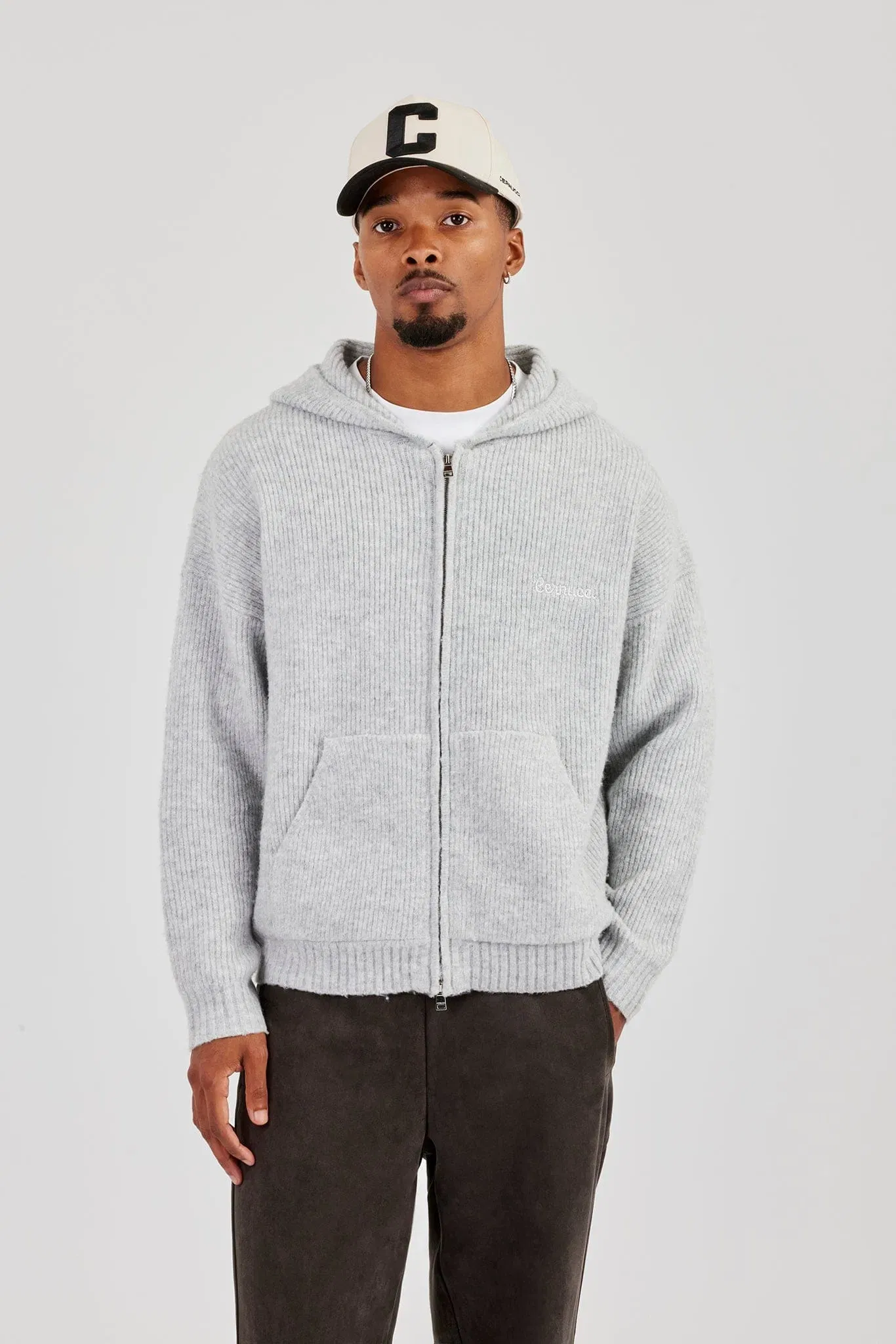 Cernucci Embroidered Knitted Zip Hoodie - Light Grey