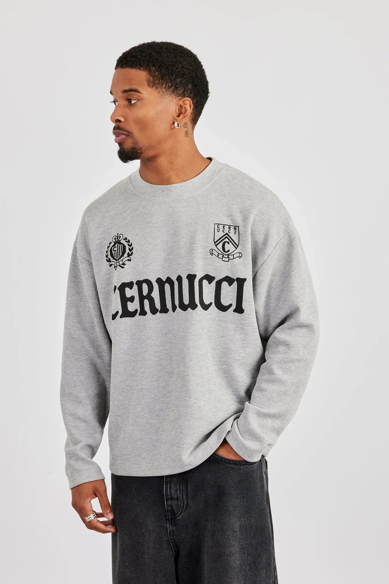 Cernucci Long Sleeve Waffle Print T-Shirt - Grey