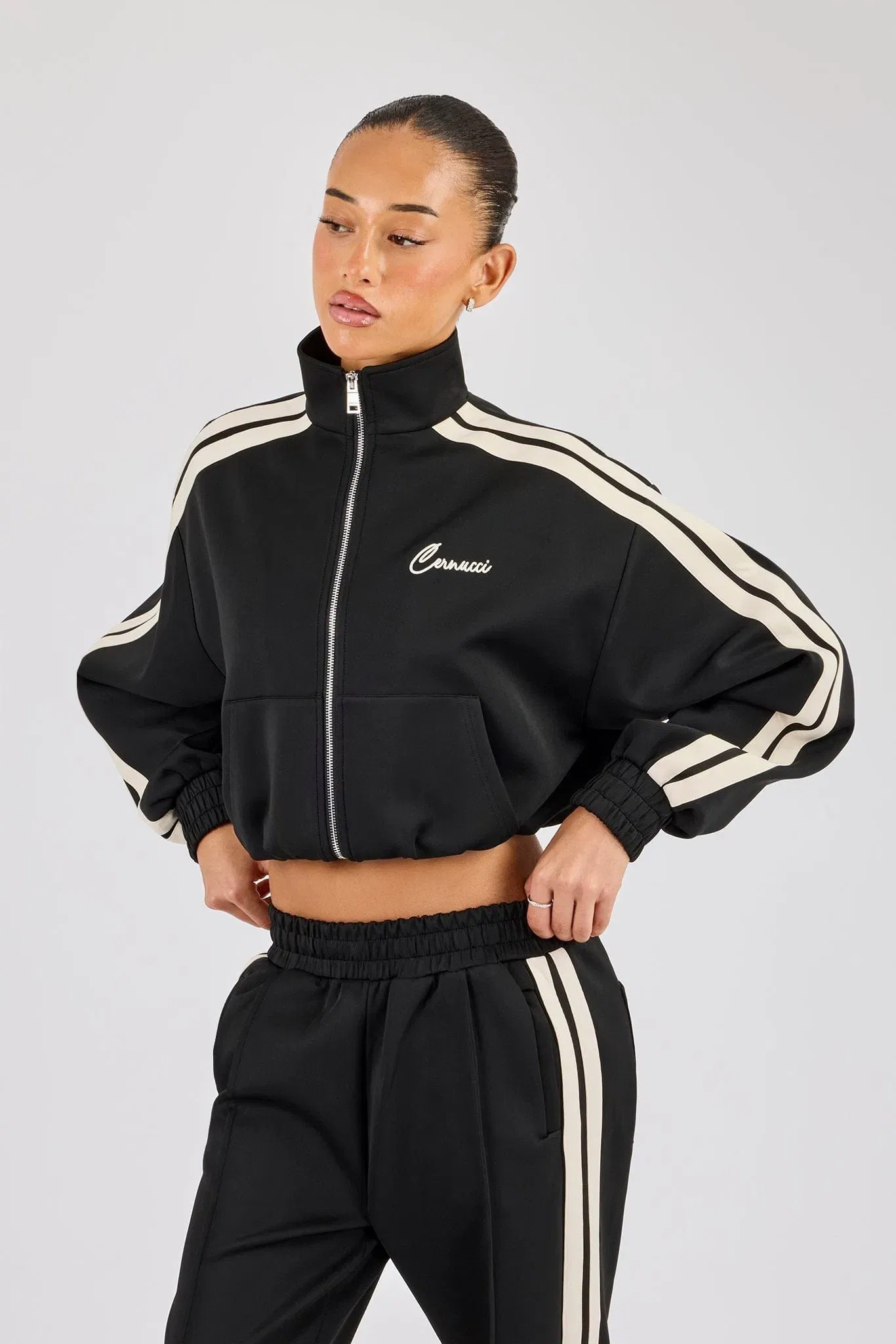 Cernucci Taping Cropped Funnel Neck Jacket - Black
