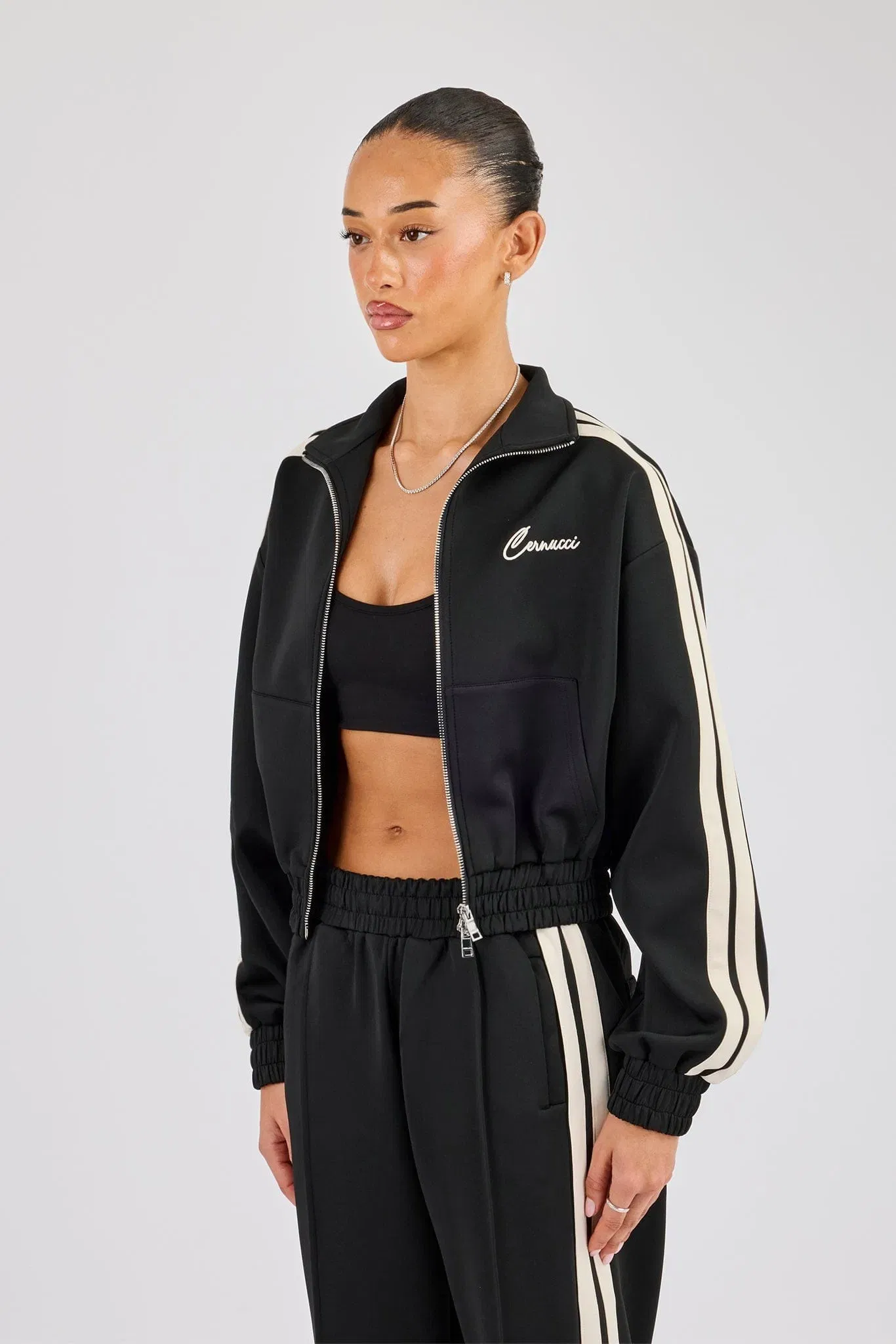 Cernucci Taping Cropped Funnel Neck Jacket - Black