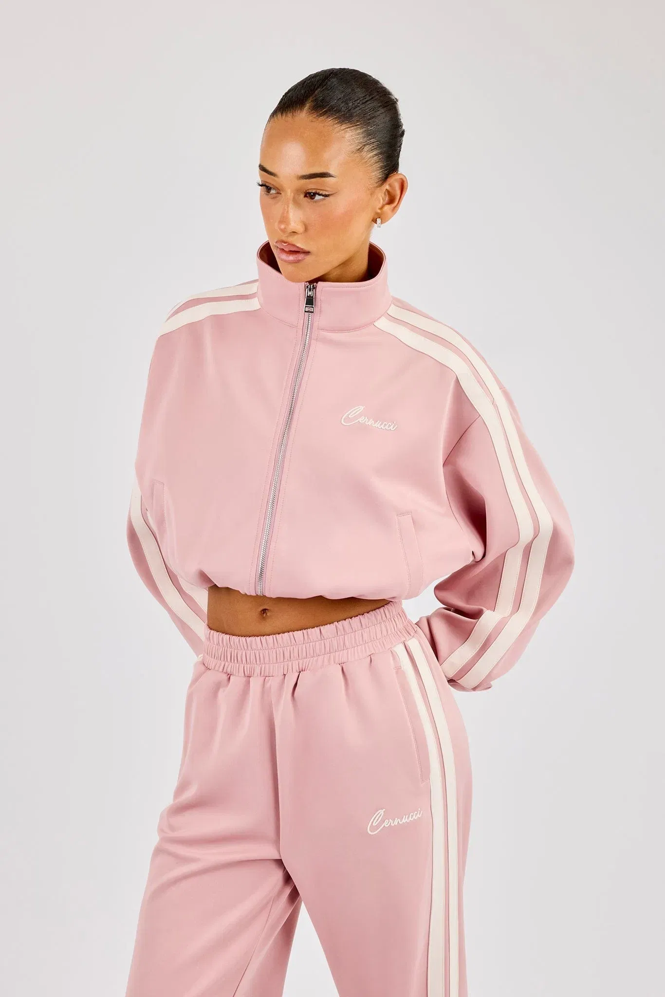 Cernucci Taping Cropped Funnel Neck Jacket - Dusty Pink