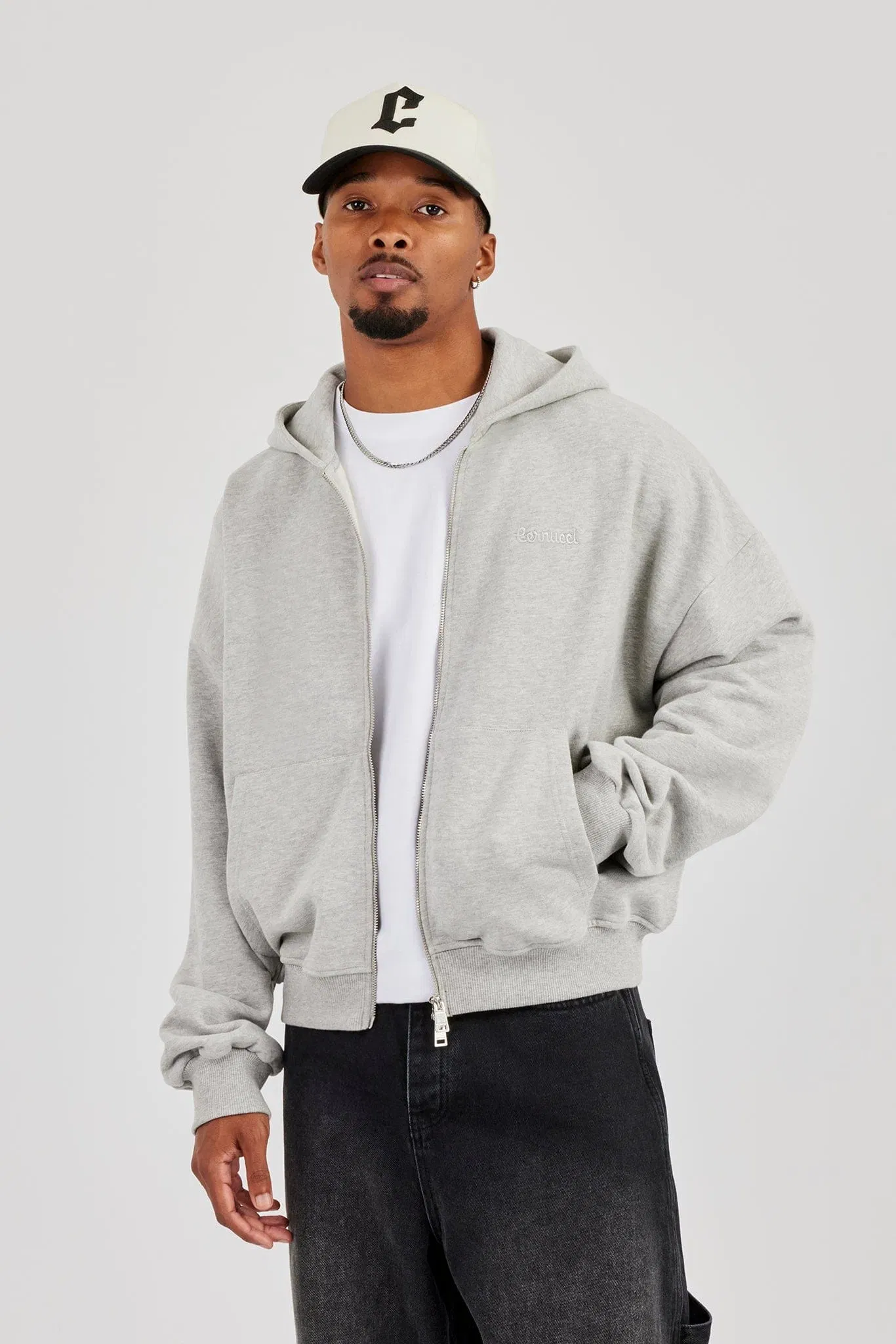 Cernucci Zip Through Boxy Hoodie - Grey Marl