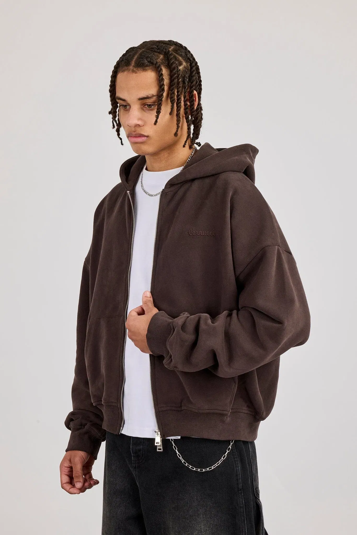 Cernucci Zip Through Boxy Hoodie - Coffee