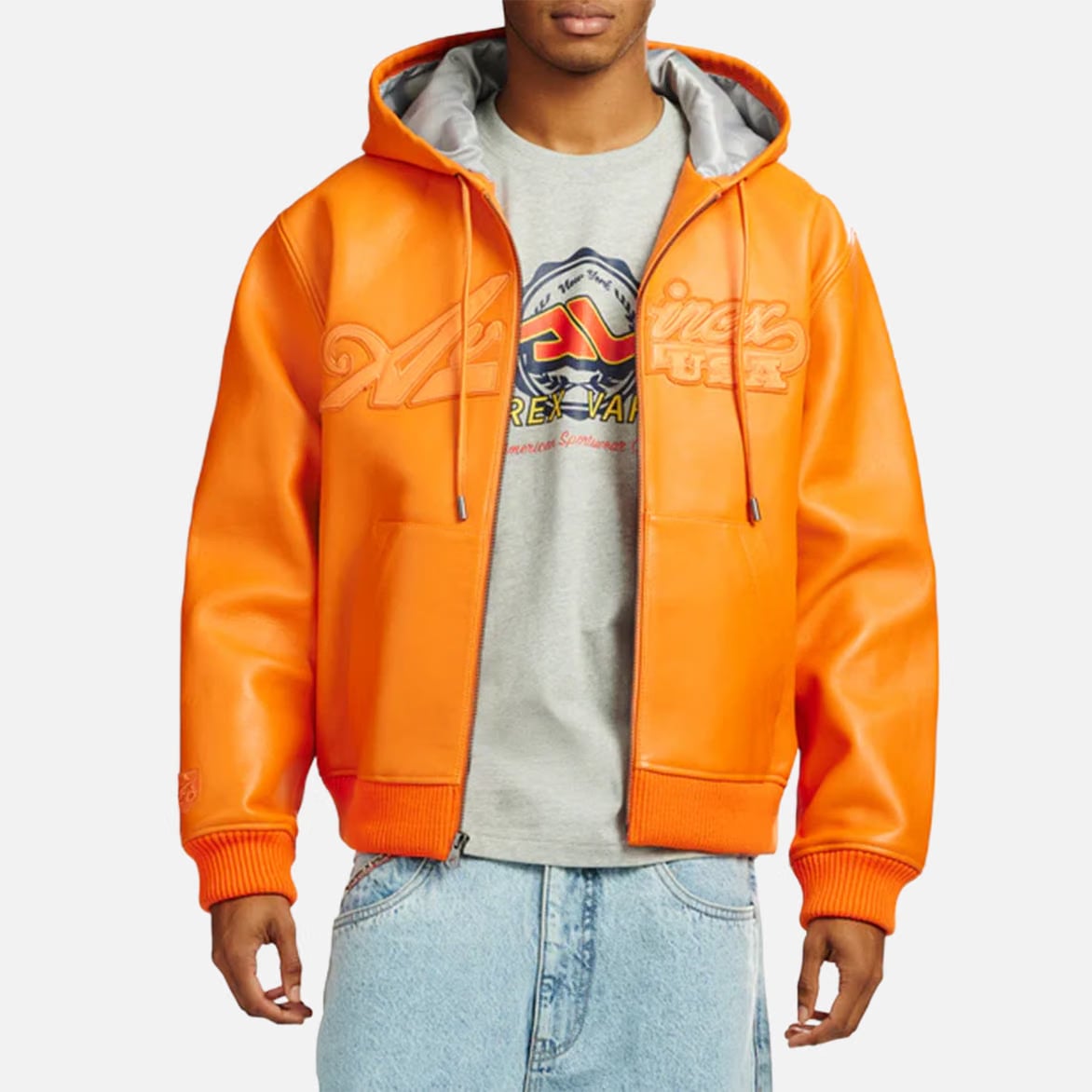 Avirex SCRIPT NAPPA LEATHER HOODIE - HAZARD ORANGE