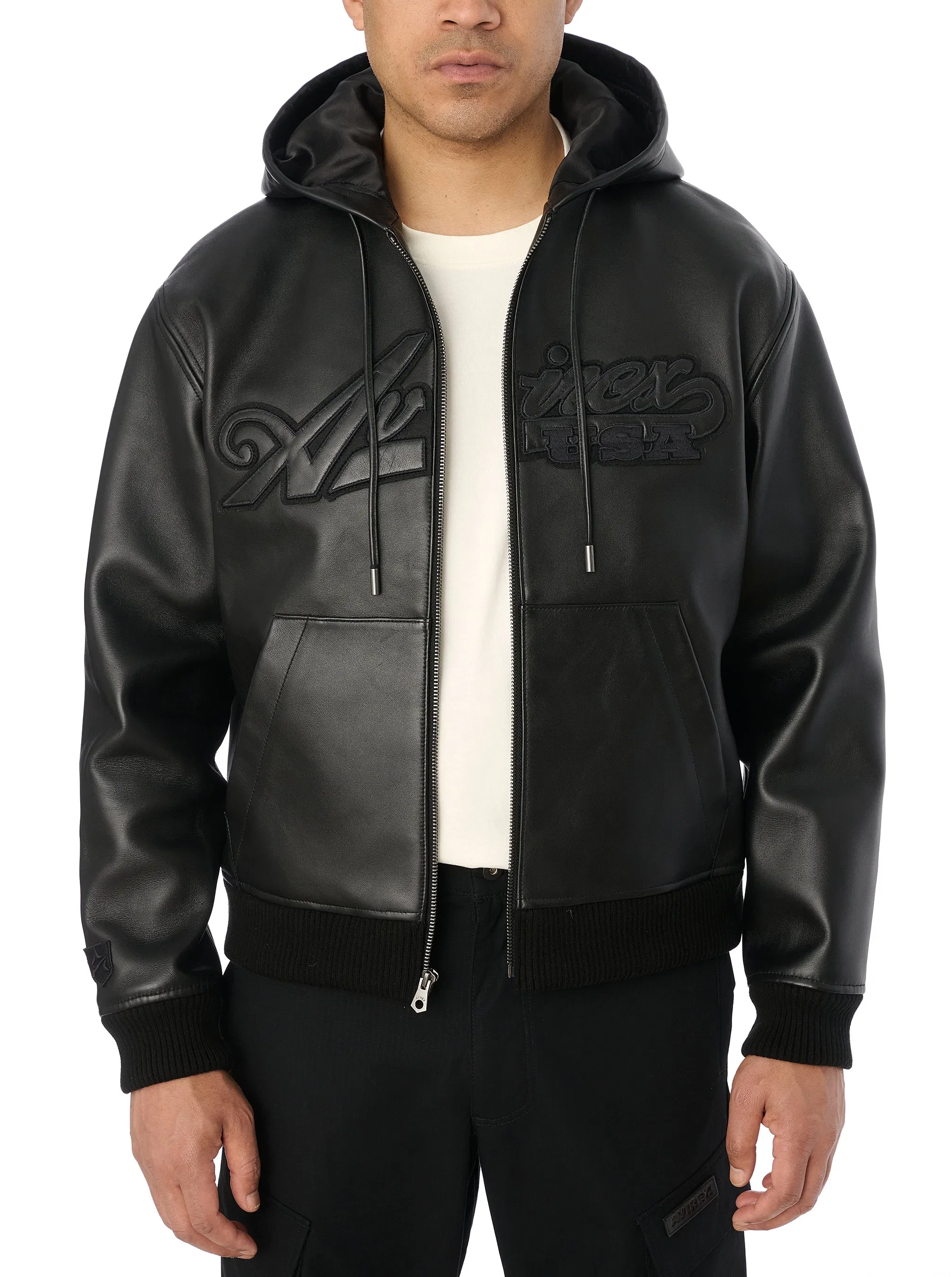 Avirex SCRIPT NAPPA LEATHER HOODIE - BLACK