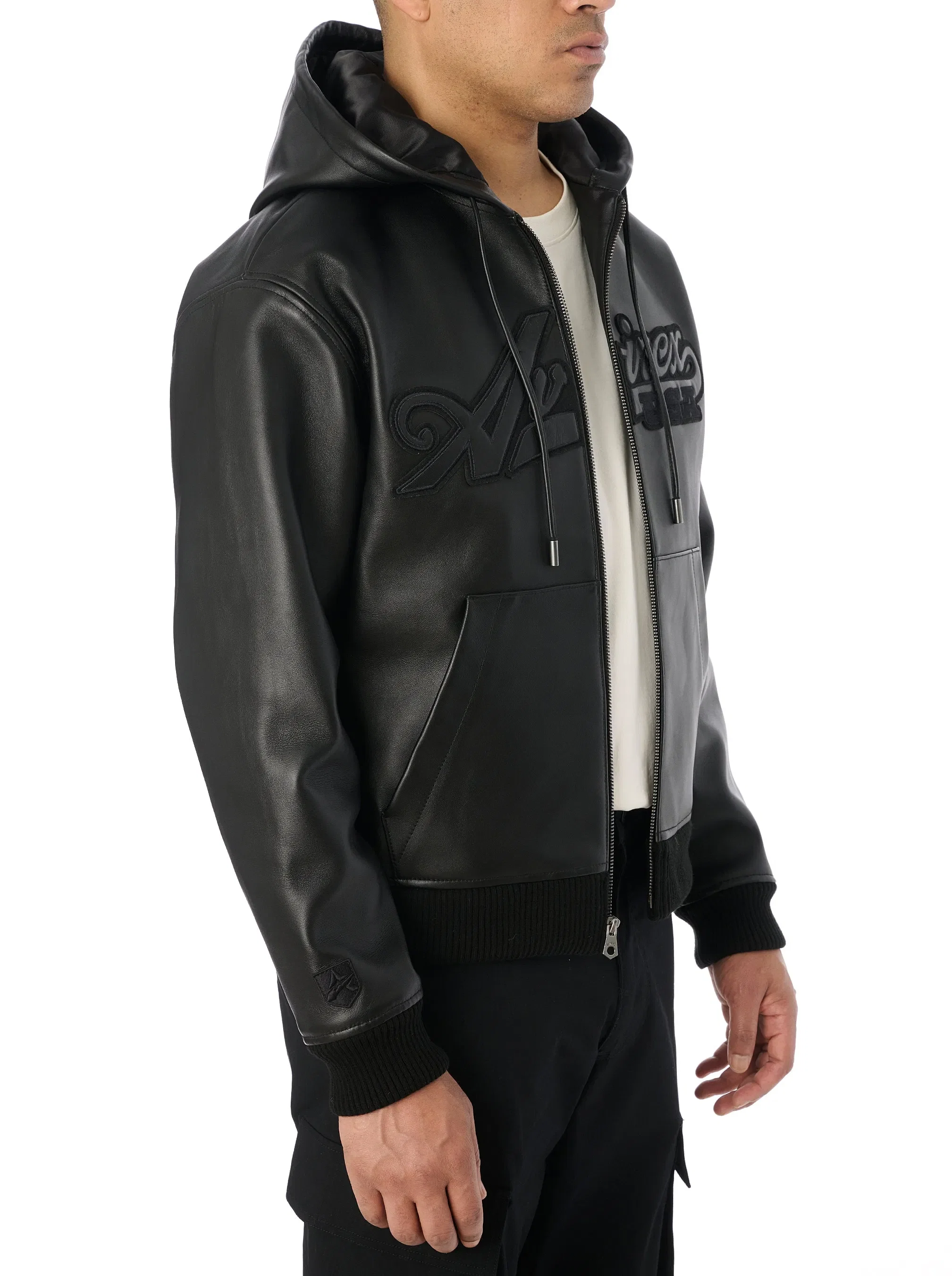 Avirex SCRIPT NAPPA LEATHER HOODIE - BLACK